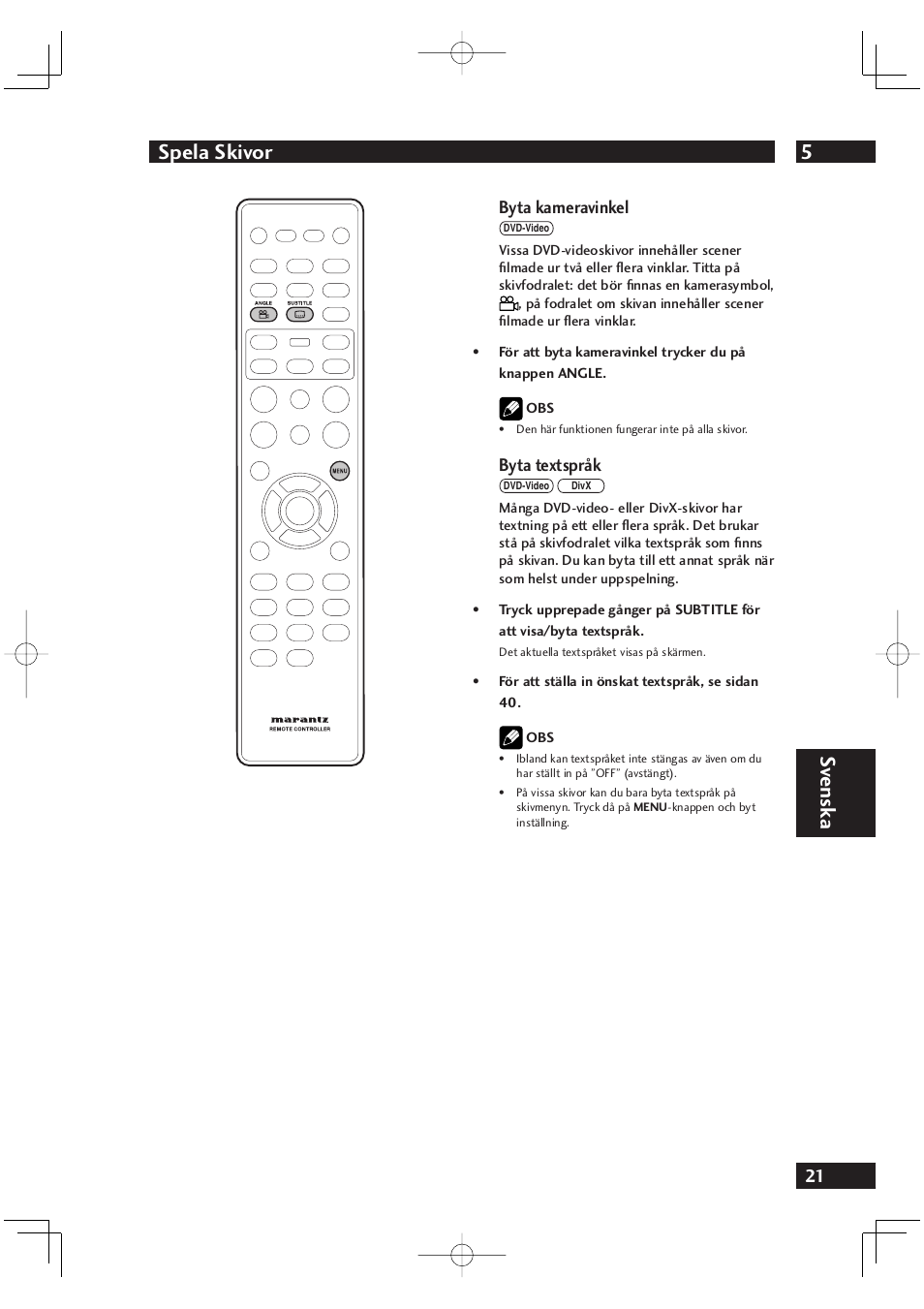 5spela skivor, Sv ensk a, Byta kameravinkel | Byta textspråk | Marantz DV4001N User Manual | Page 275 / 358