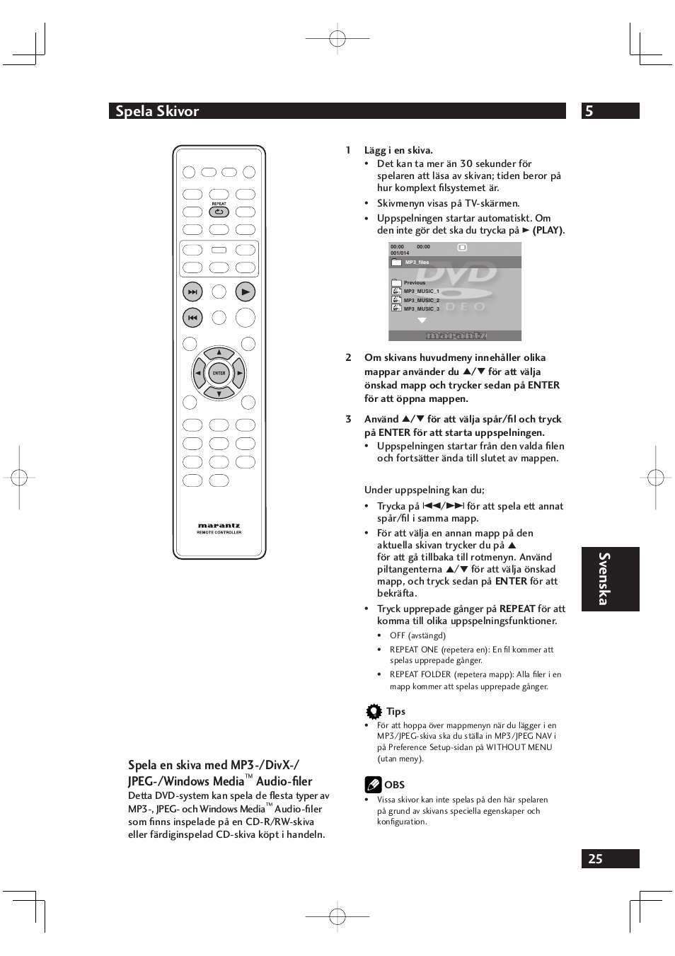 5spela skivor, Sv ensk a, Spela en skiva med mp3-/divx-/ jpeg-/windows media | Audio-ﬁ ler | Marantz DV4001N User Manual | Page 279 / 358