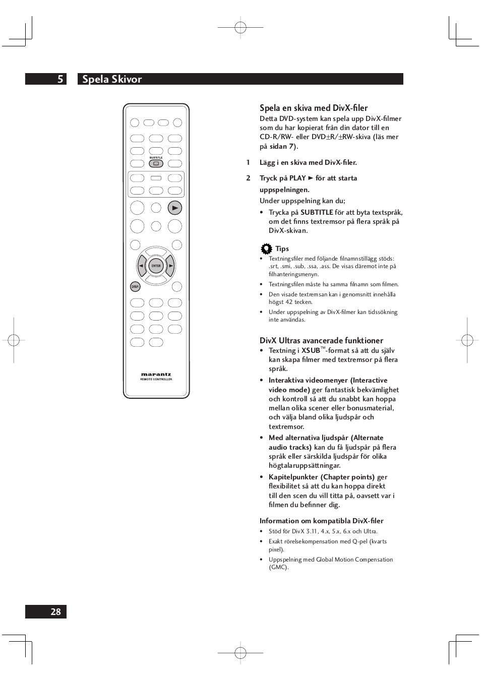 Spela skivor 5, 28 spela en skiva med divx-ﬁ ler | Marantz DV4001N User Manual | Page 282 / 358
