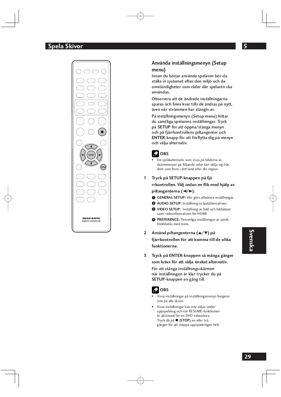 5spela skivor, Sv ensk a, Använda inställningsmenyn (setup menu) | Marantz DV4001N User Manual | Page 283 / 358