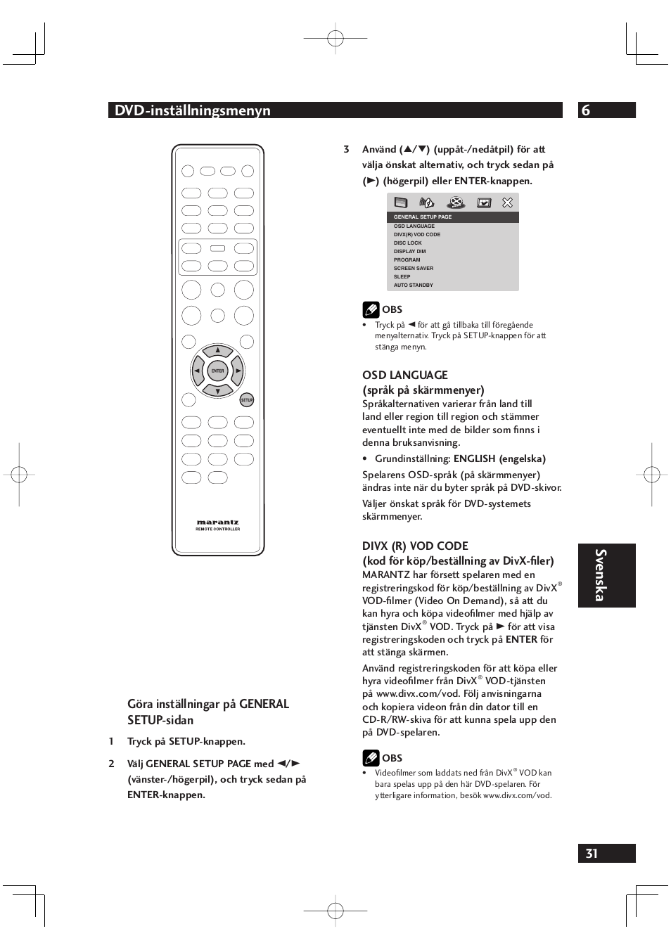 6dvd-inställningsmenyn, Sv ensk a, Göra inställningar på general setup-sidan | Osd language (språk på skärmmenyer) | Marantz DV4001N User Manual | Page 285 / 358