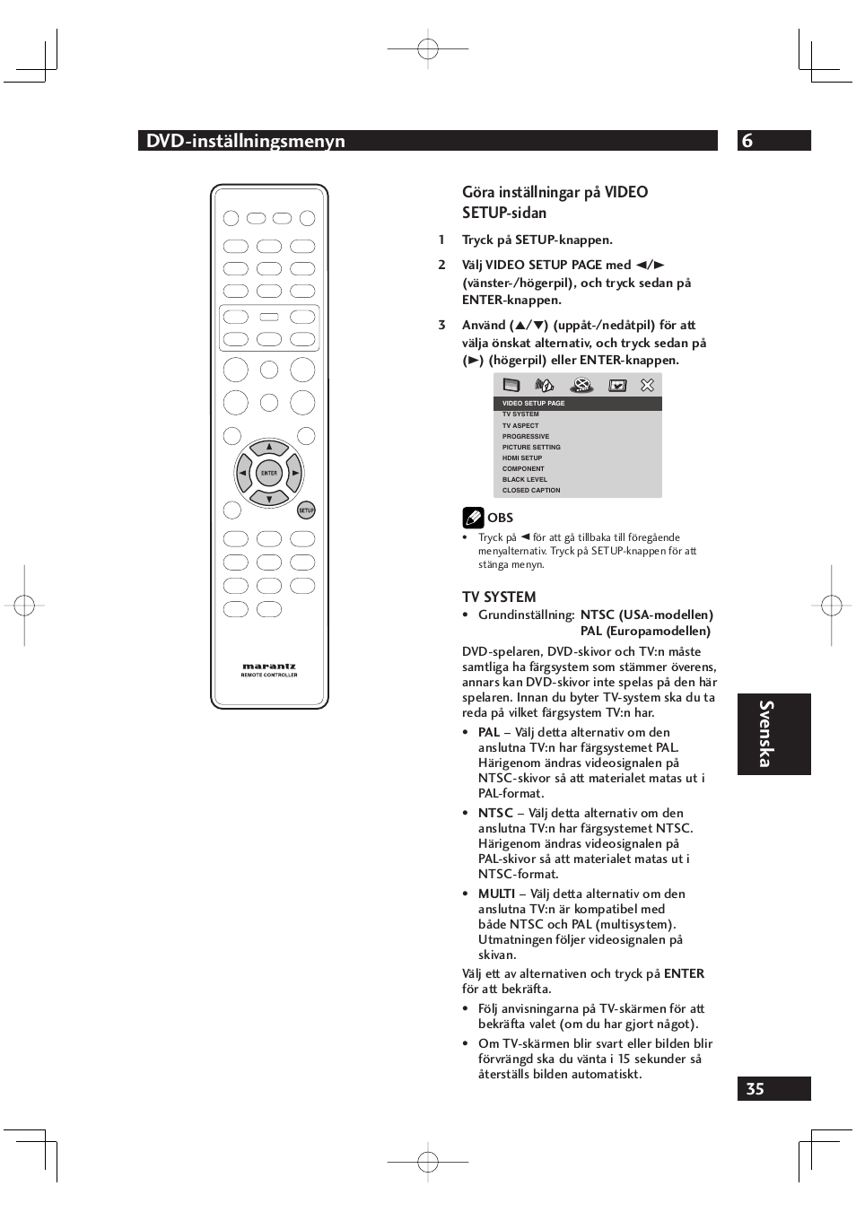 6dvd-inställningsmenyn, Sv ensk a, Göra inställningar på video setup-sidan | Marantz DV4001N User Manual | Page 289 / 358