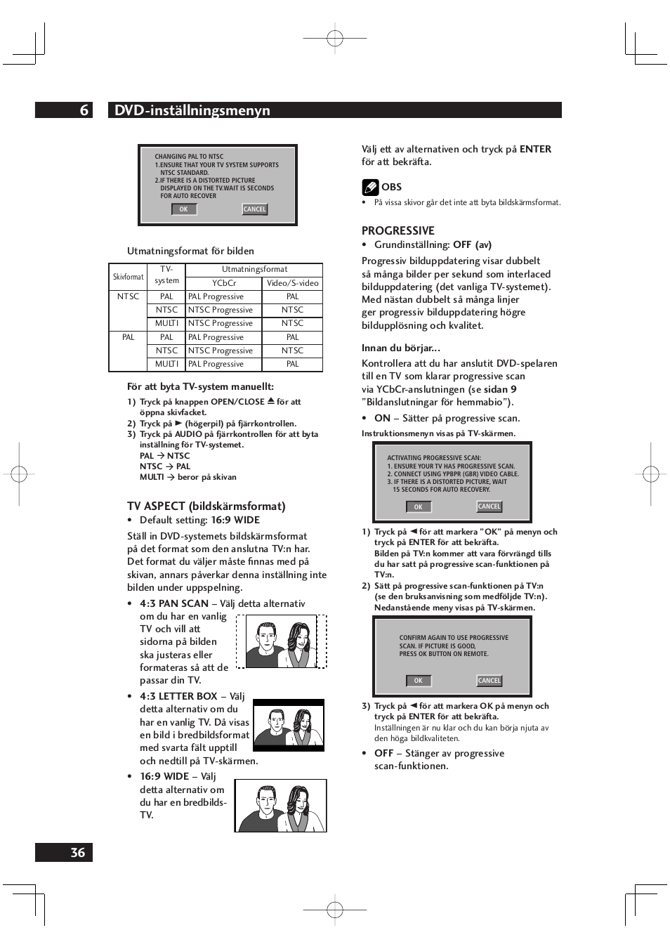 Dvd-inställningsmenyn 6, Tv aspect (bildskärmsformat), Progressive | Marantz DV4001N User Manual | Page 290 / 358