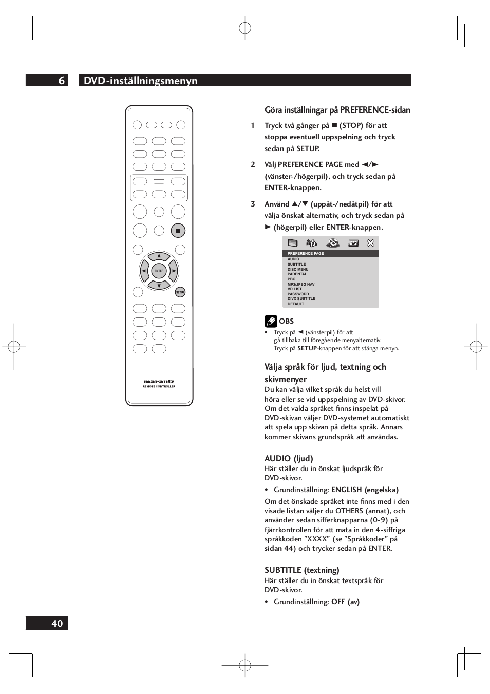 Dvd-inställningsmenyn 6, 40 göra inställningar på preference-sidan, Välja språk för ljud, textning och skivmenyer | Marantz DV4001N User Manual | Page 294 / 358