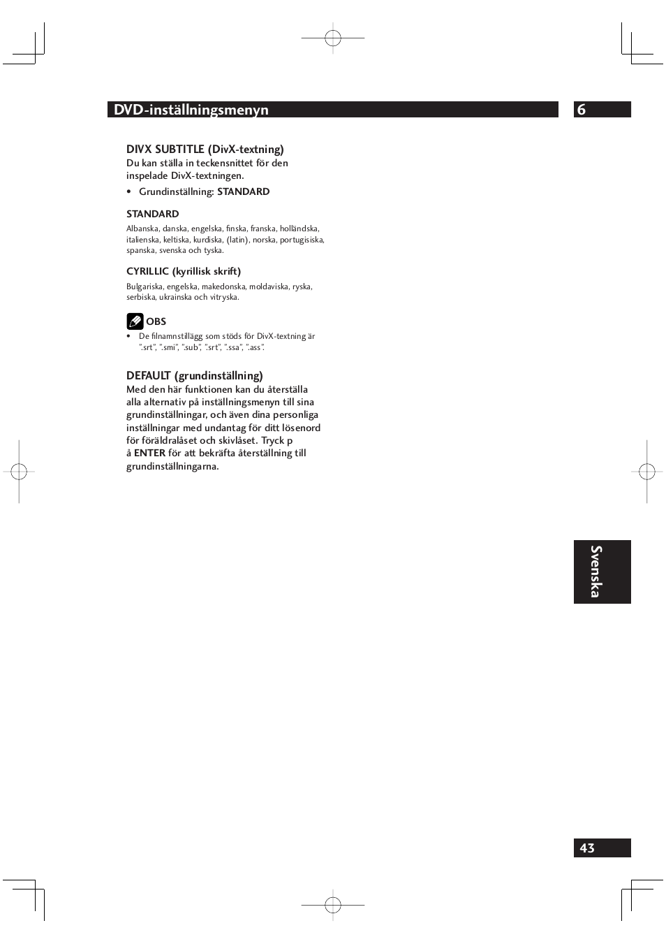 6dvd-inställningsmenyn, Sv ensk a | Marantz DV4001N User Manual | Page 297 / 358