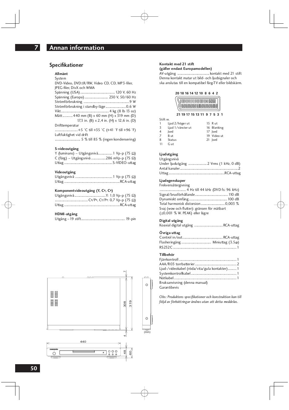 Annan information 7, 50 speciﬁ kationer | Marantz DV4001N User Manual | Page 304 / 358