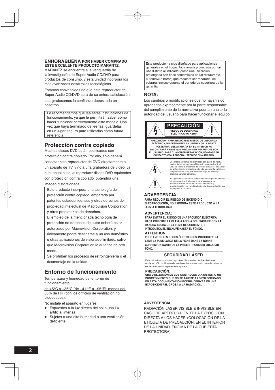 Entorno de funcionamiento, Protección contra copiado, Enhorabuena | Nota, Precaución | Marantz DV4001N User Manual | Page 306 / 358