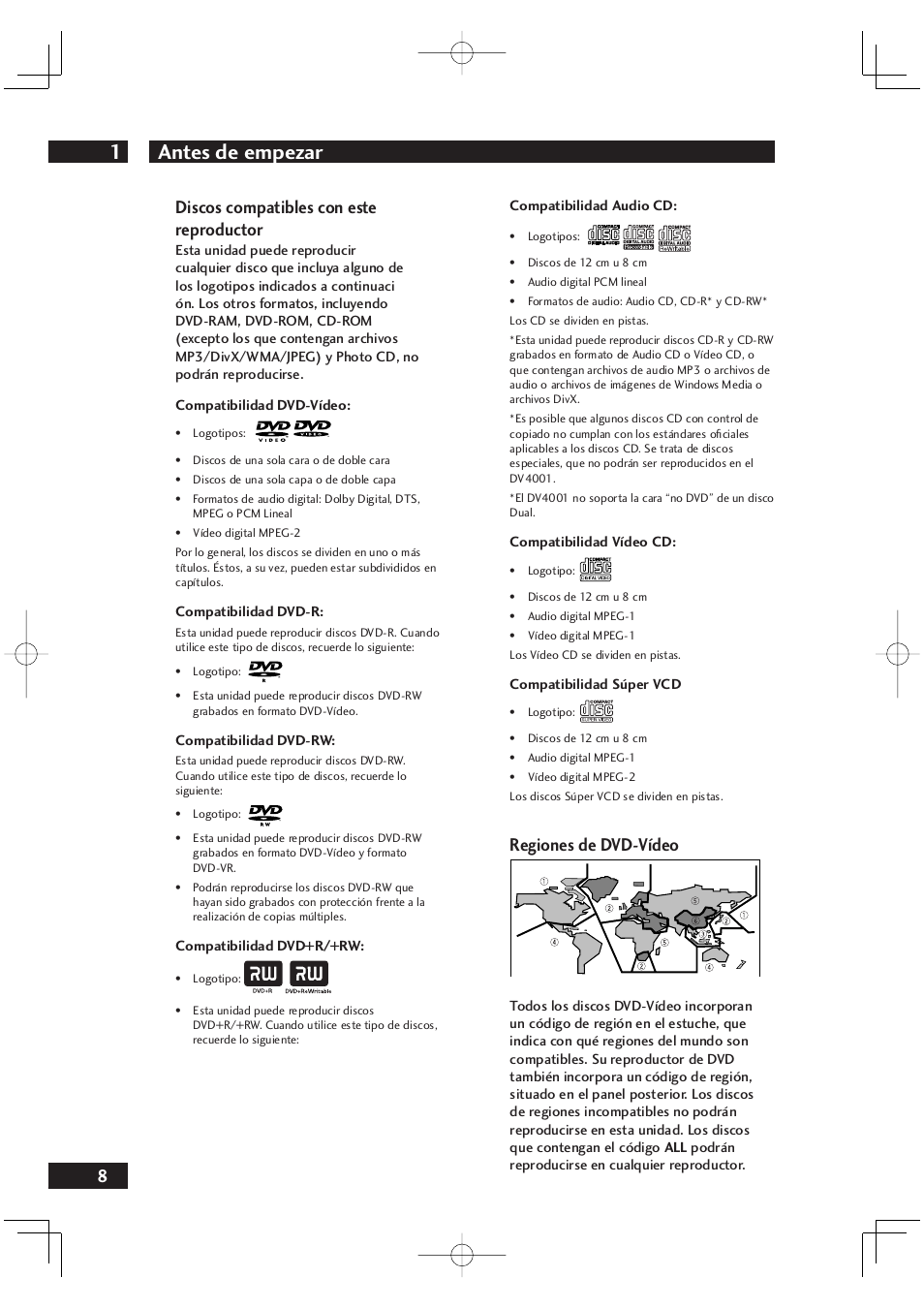 Antes de empezar 1, 8discos compatibles con este reproductor, Regiones de dvd-vídeo | Marantz DV4001N User Manual | Page 312 / 358