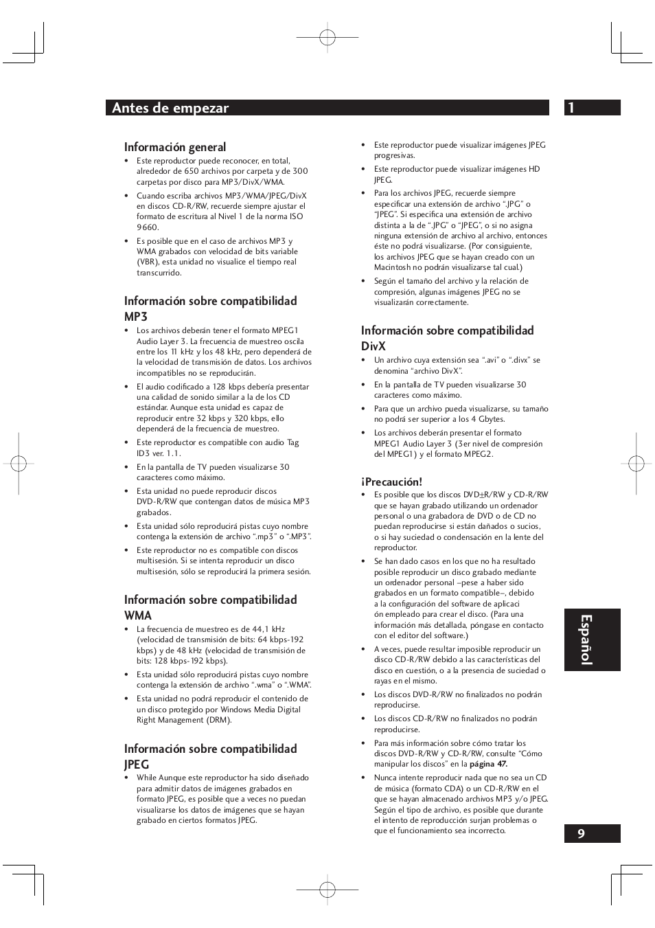 1antes de empezar, Español, Información general | Información sobre compatibilidad mp3, Información sobre compatibilidad wma, Información sobre compatibilidad jpeg, Información sobre compatibilidad divx, Precaución | Marantz DV4001N User Manual | Page 313 / 358