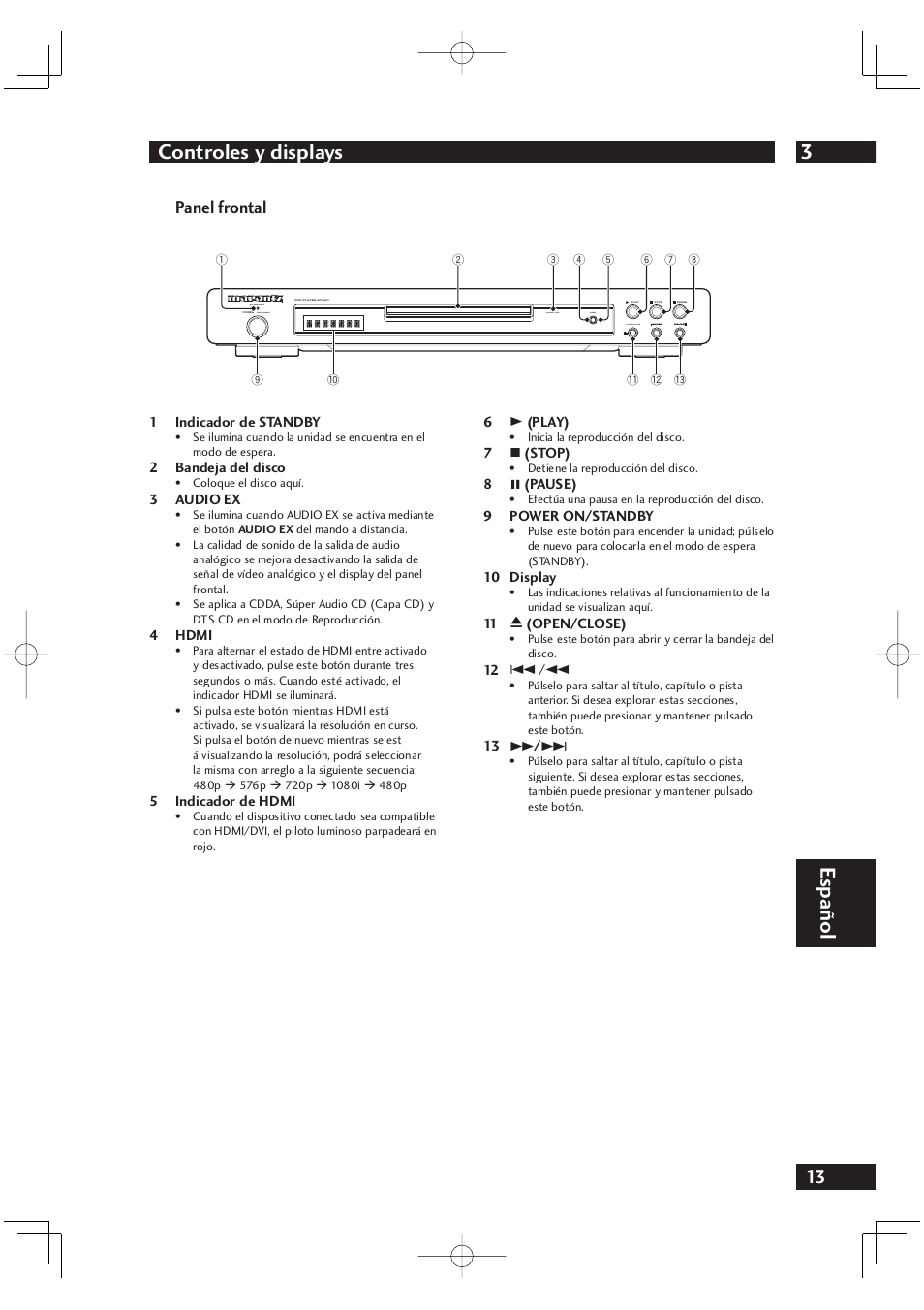 3controles y displays, Español, Panel frontal | Marantz DV4001N User Manual | Page 317 / 358