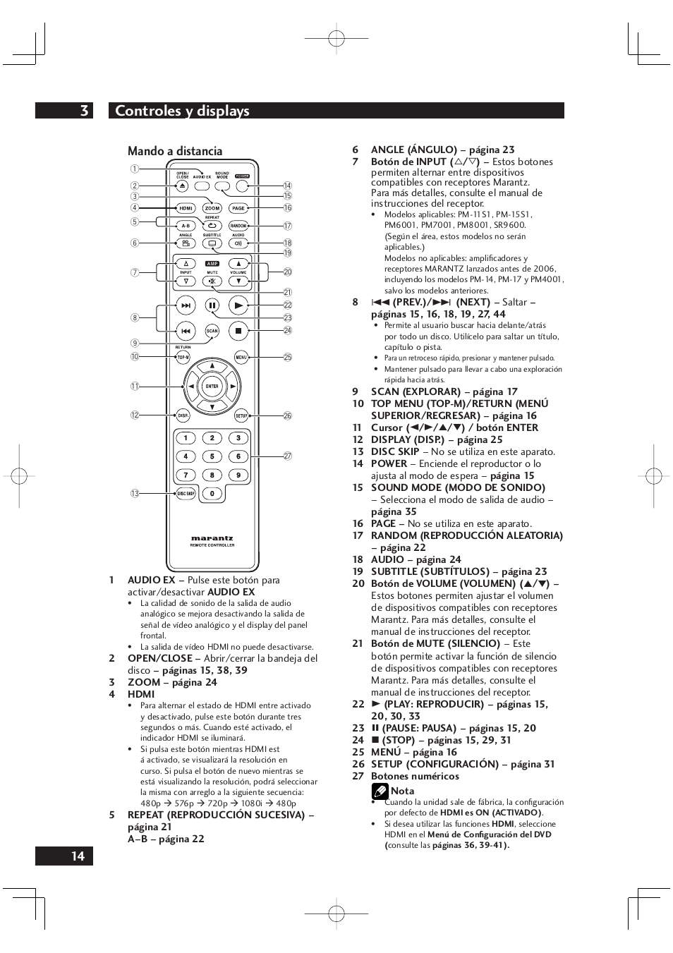 Controles y displays 3, 14 mando a distancia | Marantz DV4001N User Manual | Page 318 / 358