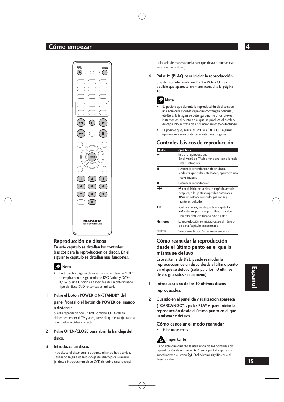 4cómo empezar, Español, Reproducción de discos | Controles básicos de reproducción | Marantz DV4001N User Manual | Page 319 / 358