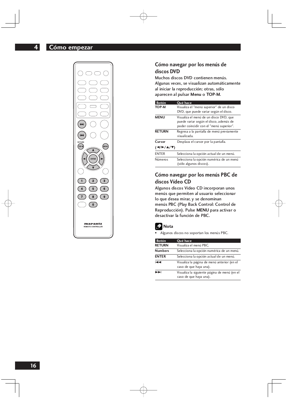 Cómo empezar 4, 16 cómo navegar por los menús de discos dvd, Cómo navegar por los menús pbc de discos vídeo cd | Marantz DV4001N User Manual | Page 320 / 358