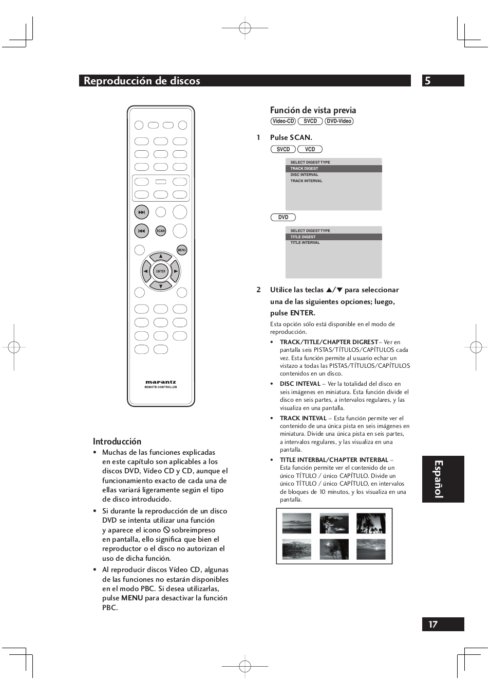 5reproducción de discos, Español, Introducción | Función de vista previa | Marantz DV4001N User Manual | Page 321 / 358
