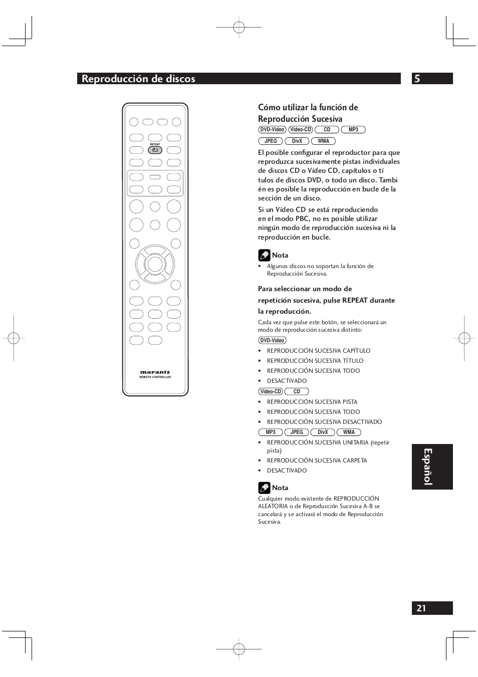 5reproducción de discos, Español, Cómo utilizar la función de reproducción sucesiva | Marantz DV4001N User Manual | Page 325 / 358