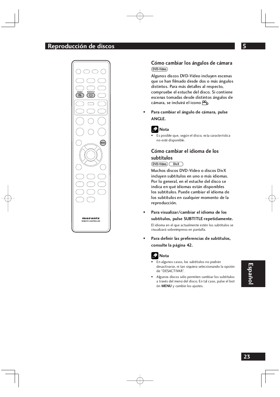 5reproducción de discos, Español, Cómo cambiar los ángulos de cámara | Cómo cambiar el idioma de los subtítulos | Marantz DV4001N User Manual | Page 327 / 358