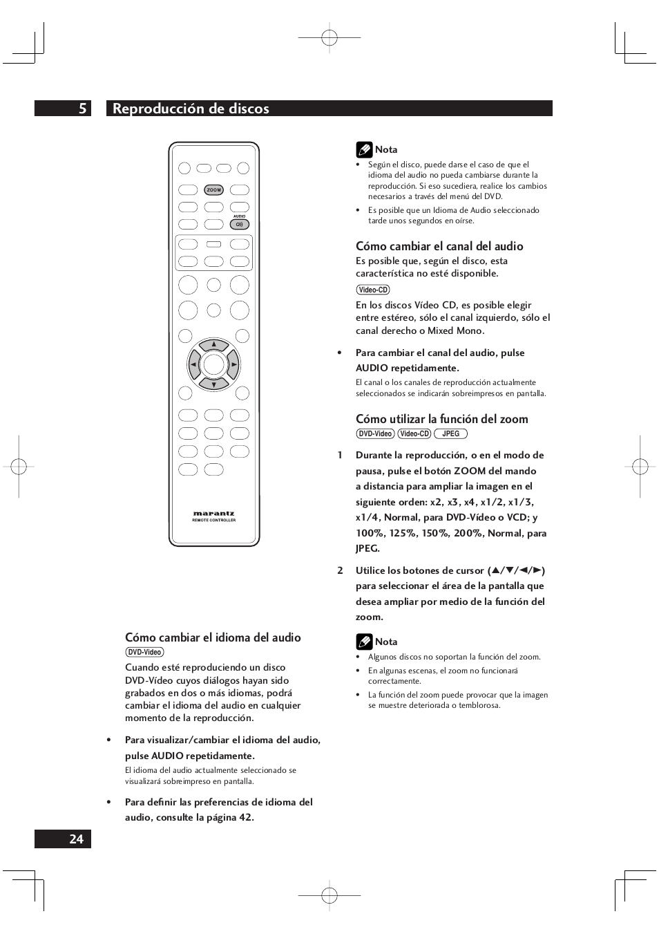 Reproducción de discos 5, 24 cómo cambiar el idioma del audio, Cómo cambiar el canal del audio | Cómo utilizar la función del zoom | Marantz DV4001N User Manual | Page 328 / 358