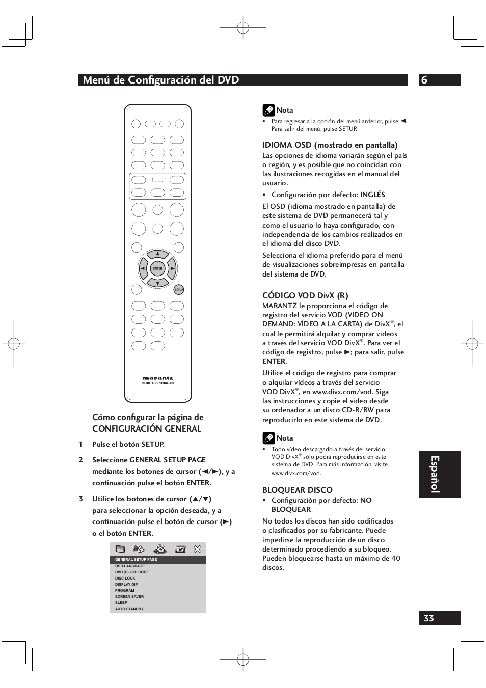 6menú de conﬁ guración del dvd, Español, Cómo conﬁ gurar la página de configuración general | Marantz DV4001N User Manual | Page 337 / 358