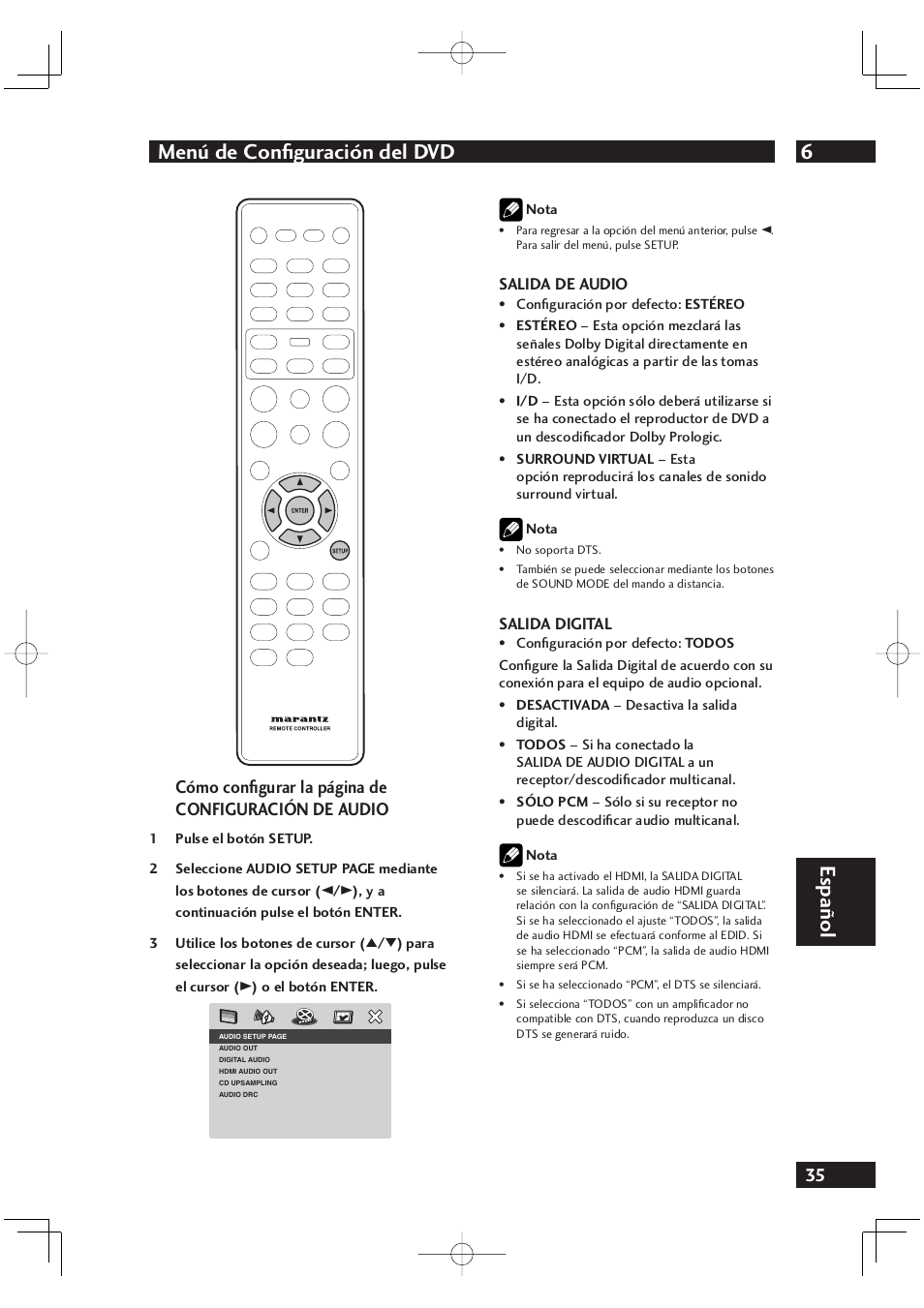 6menú de conﬁ guración del dvd, Español | Marantz DV4001N User Manual | Page 339 / 358