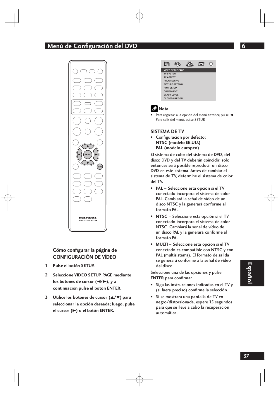 6menú de conﬁ guración del dvd, Español | Marantz DV4001N User Manual | Page 341 / 358
