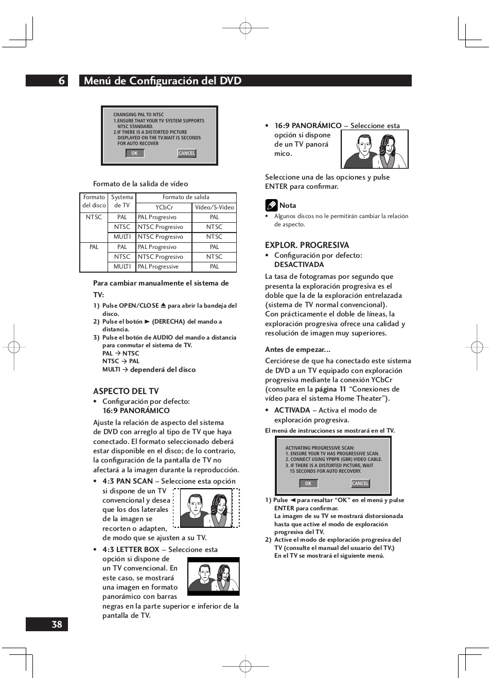 Menú de conﬁ guración del dvd 6, Aspecto del tv, Explor. progresiva | Marantz DV4001N User Manual | Page 342 / 358