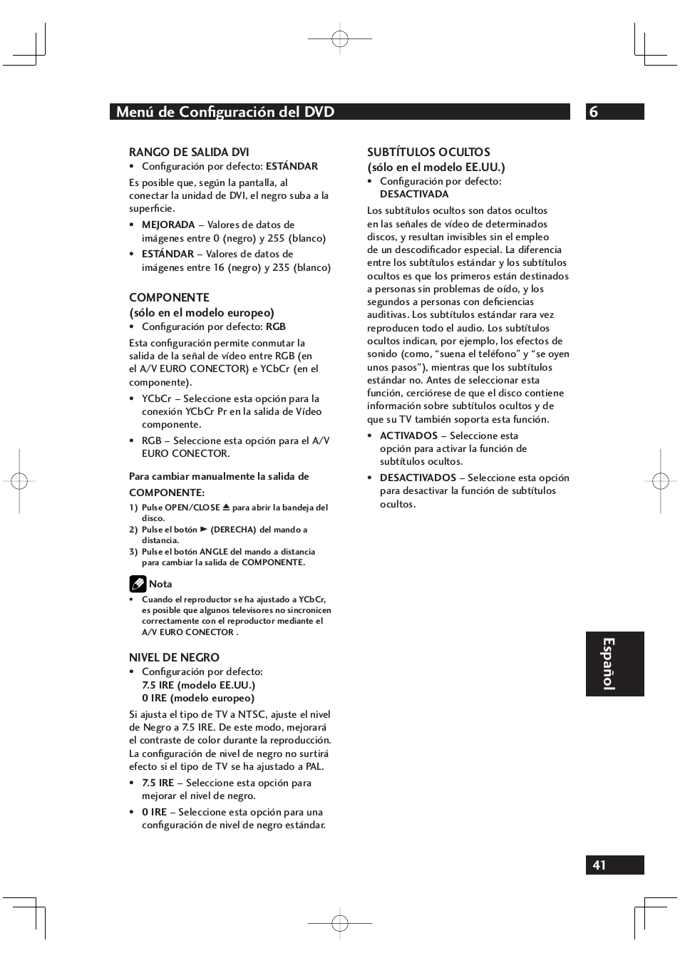 6menú de conﬁ guración del dvd, Español | Marantz DV4001N User Manual | Page 345 / 358