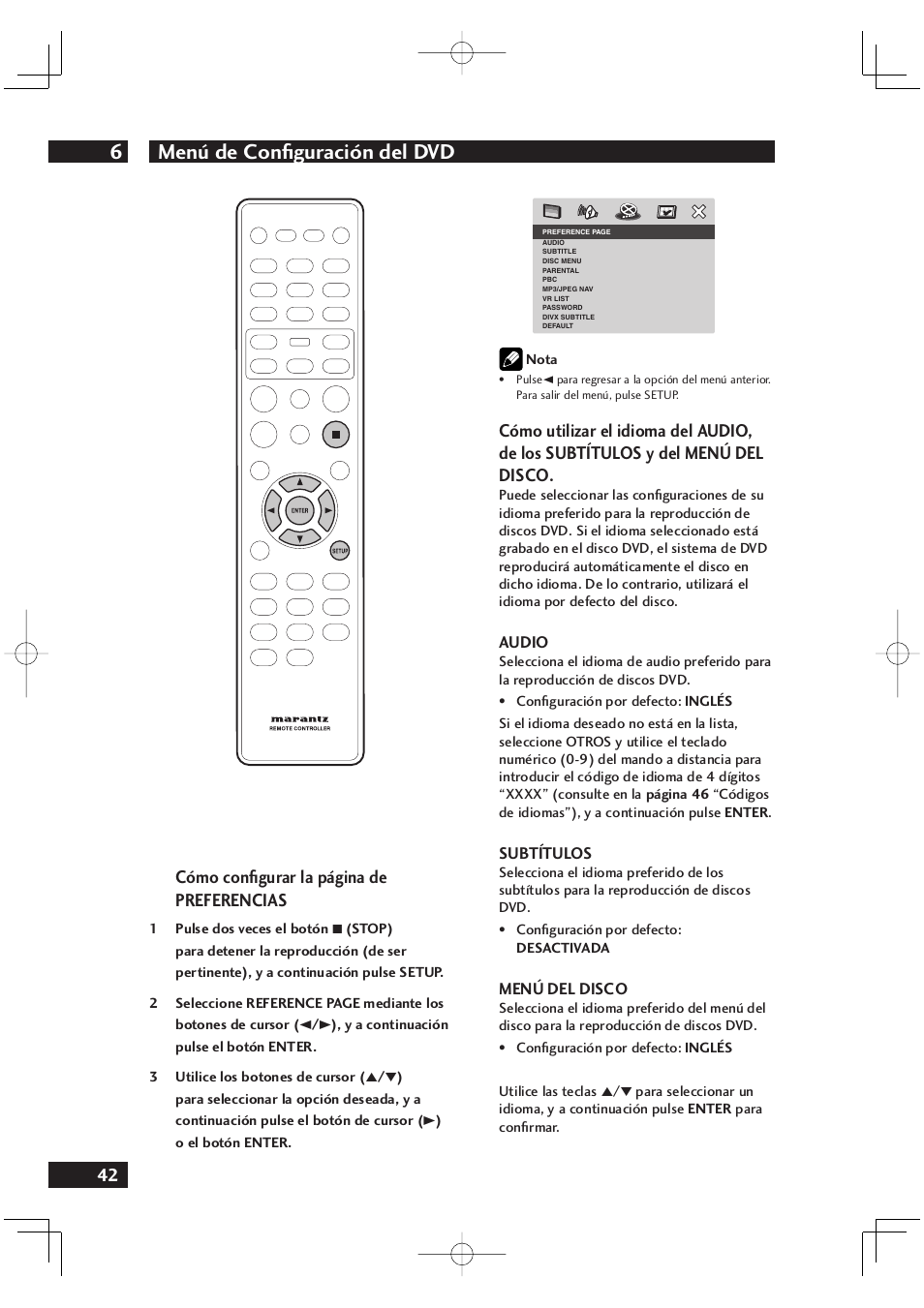Menú de conﬁ guración del dvd 6, 42 cómo conﬁ gurar la página de preferencias | Marantz DV4001N User Manual | Page 346 / 358