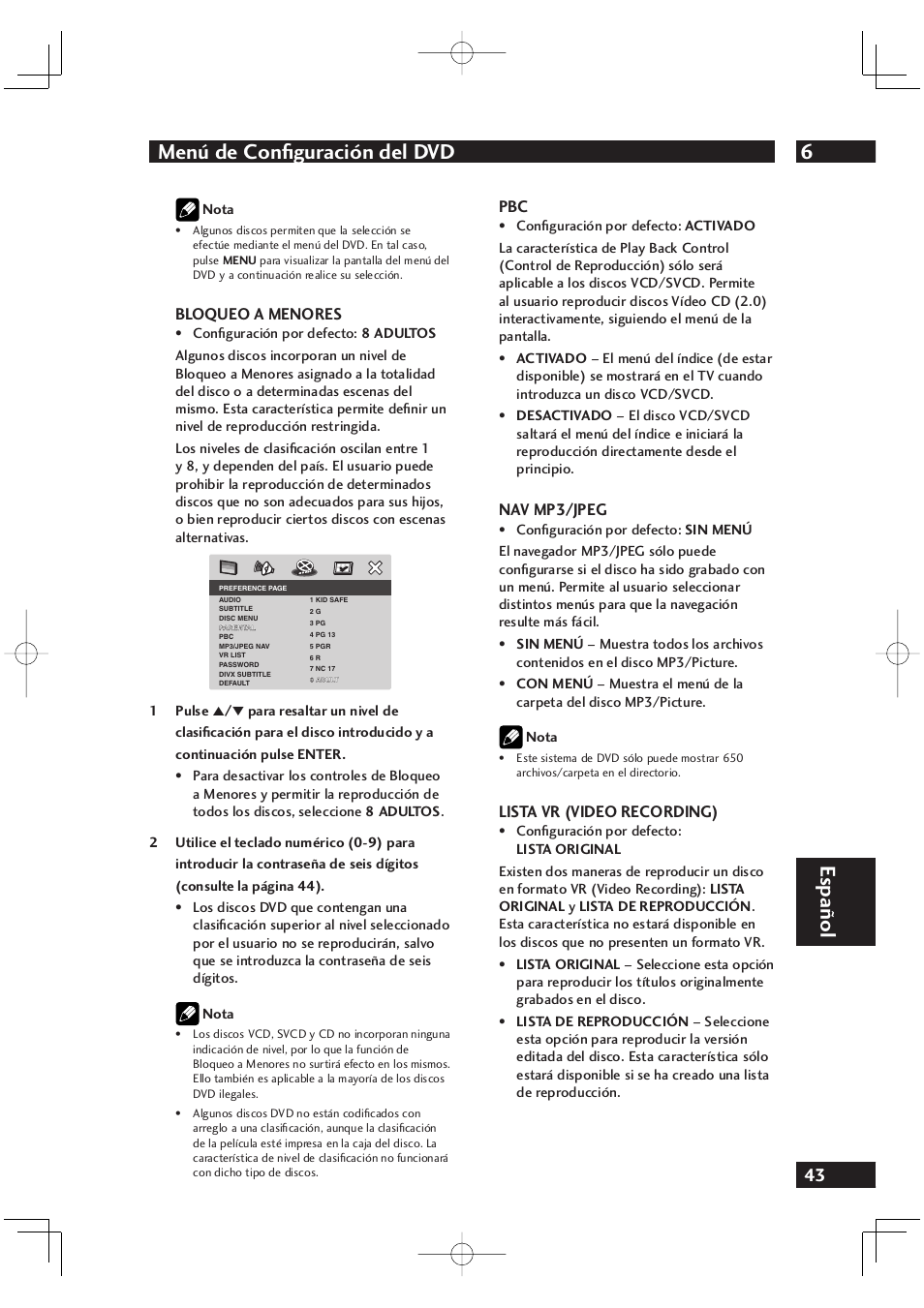 6menú de conﬁ guración del dvd, Español, Bloqueo a menores | Nav mp3/jpeg, Lista vr (video recording) | Marantz DV4001N User Manual | Page 347 / 358
