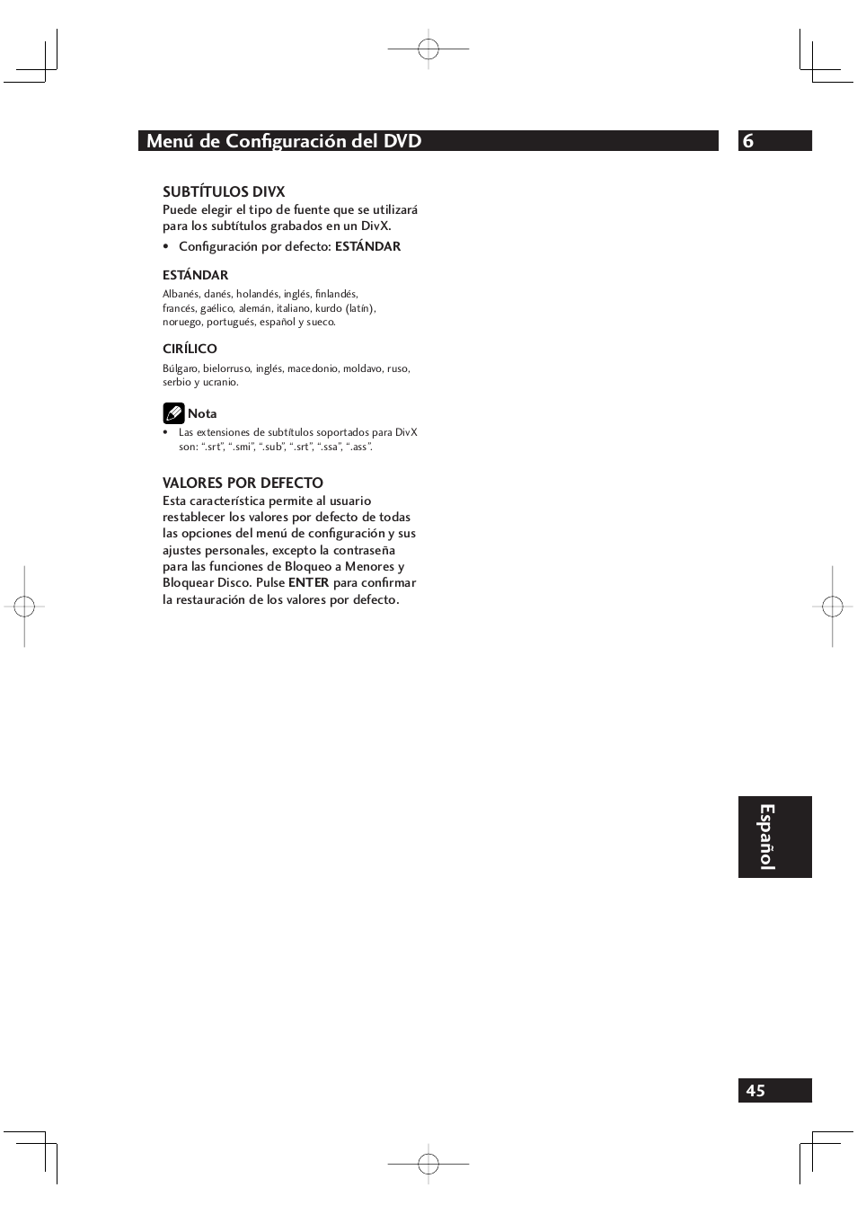 6menú de conﬁ guración del dvd, Español | Marantz DV4001N User Manual | Page 349 / 358