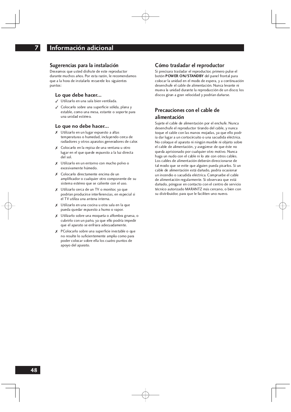 Información adicional 7, 48 sugerencias para la instalación, Cómo trasladar el reproductor | Precauciones con el cable de alimentación | Marantz DV4001N User Manual | Page 352 / 358