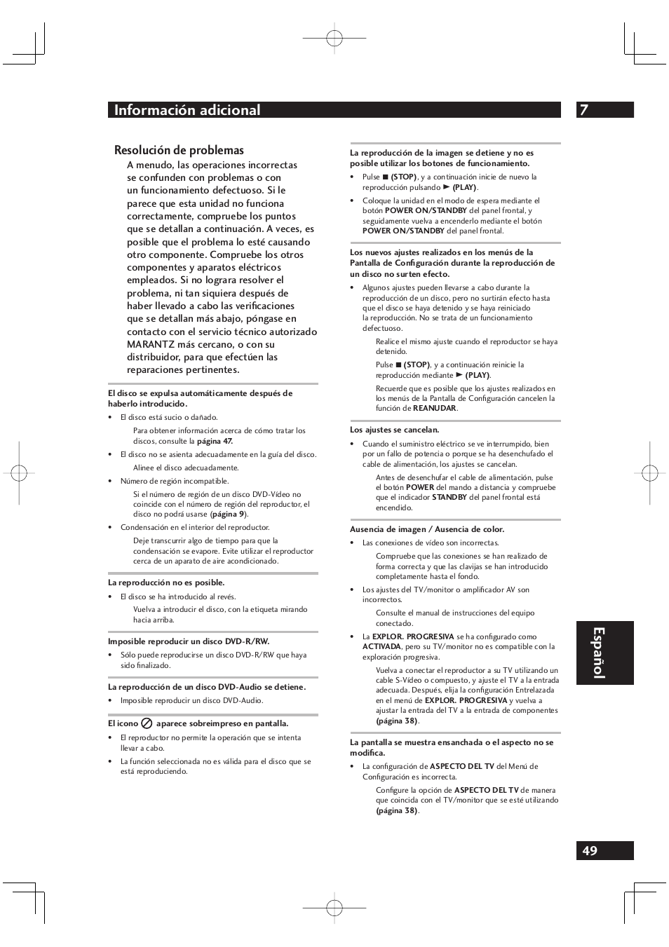 7información adicional, Español, Resolución de problemas | Marantz DV4001N User Manual | Page 353 / 358