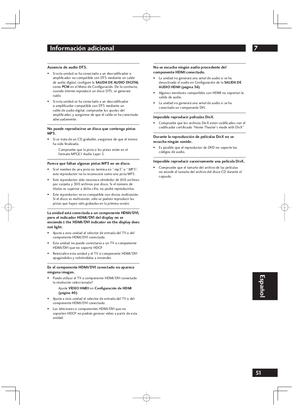 7información adicional, Español | Marantz DV4001N User Manual | Page 355 / 358