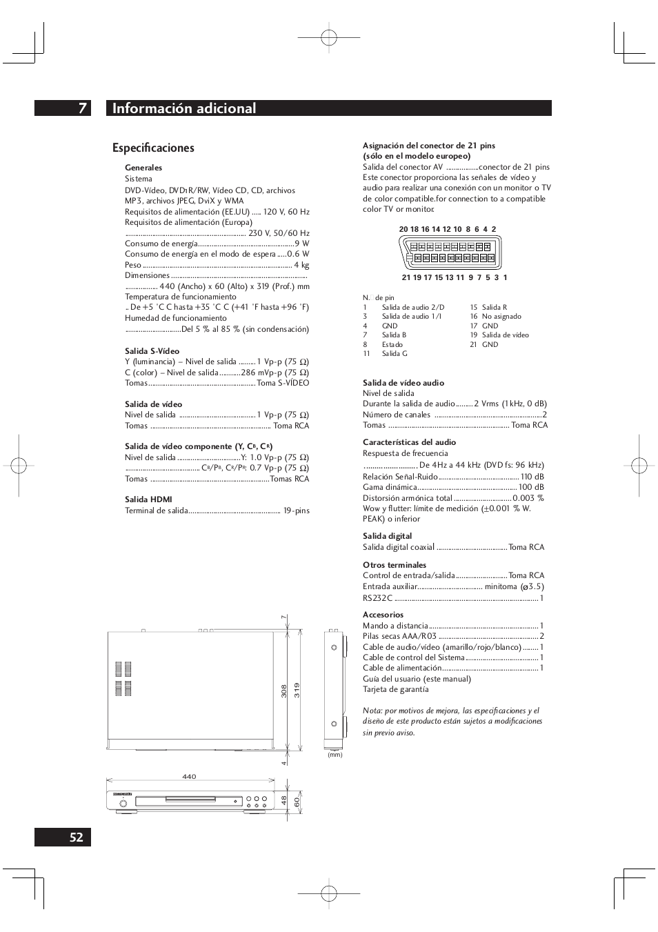 Información adicional 7, 52 especiﬁ caciones | Marantz DV4001N User Manual | Page 356 / 358
