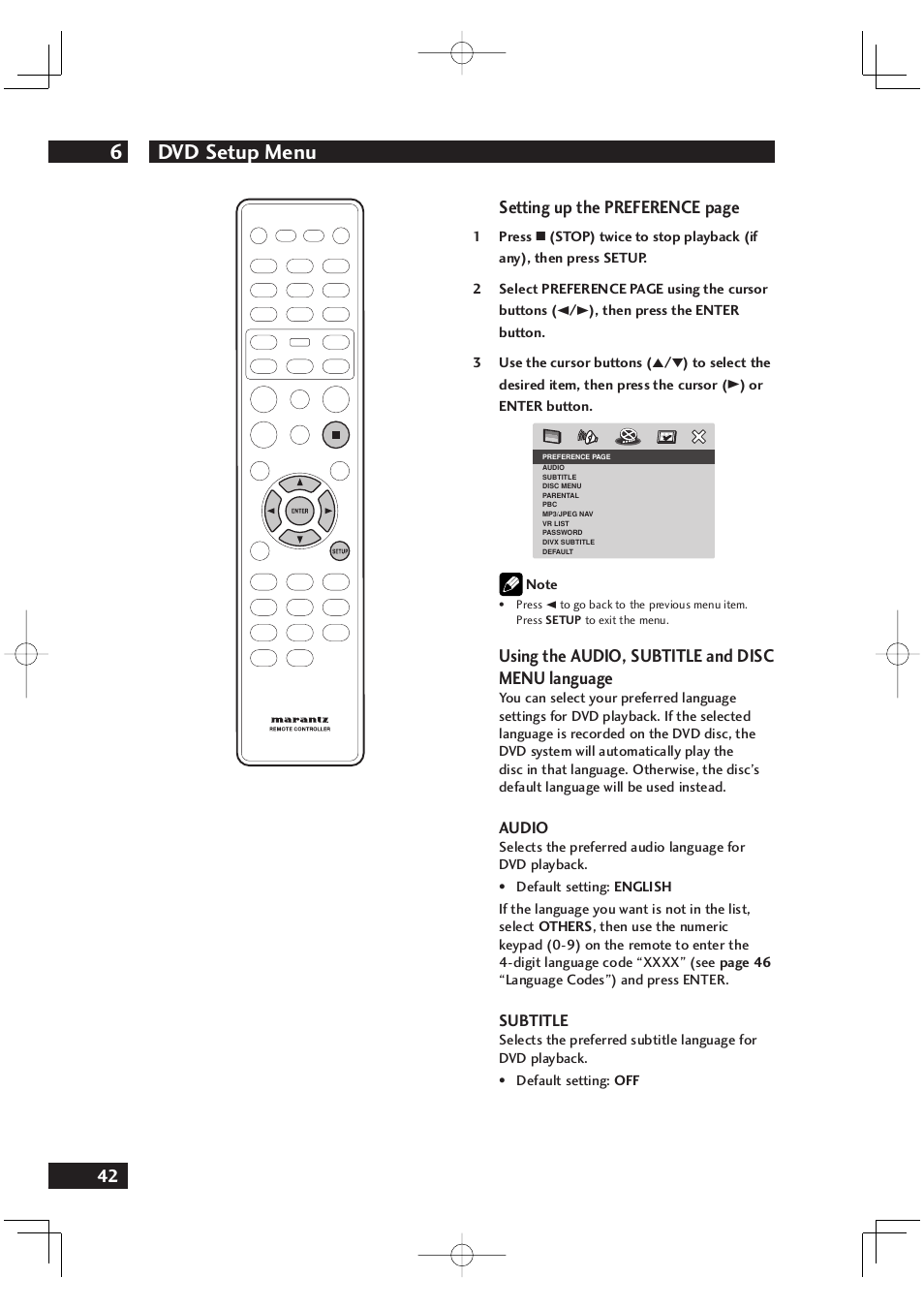 Dvd setup menu 6, 42 setting up the preference page, Using the audio, subtitle and disc menu language | Marantz DV4001N User Manual | Page 42 / 358