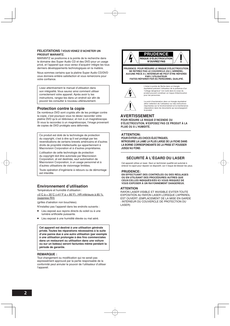 Prudence, Environnement d’utilisation, Protection contre la copie | Avertissement | Marantz DV4001N User Manual | Page 54 / 358