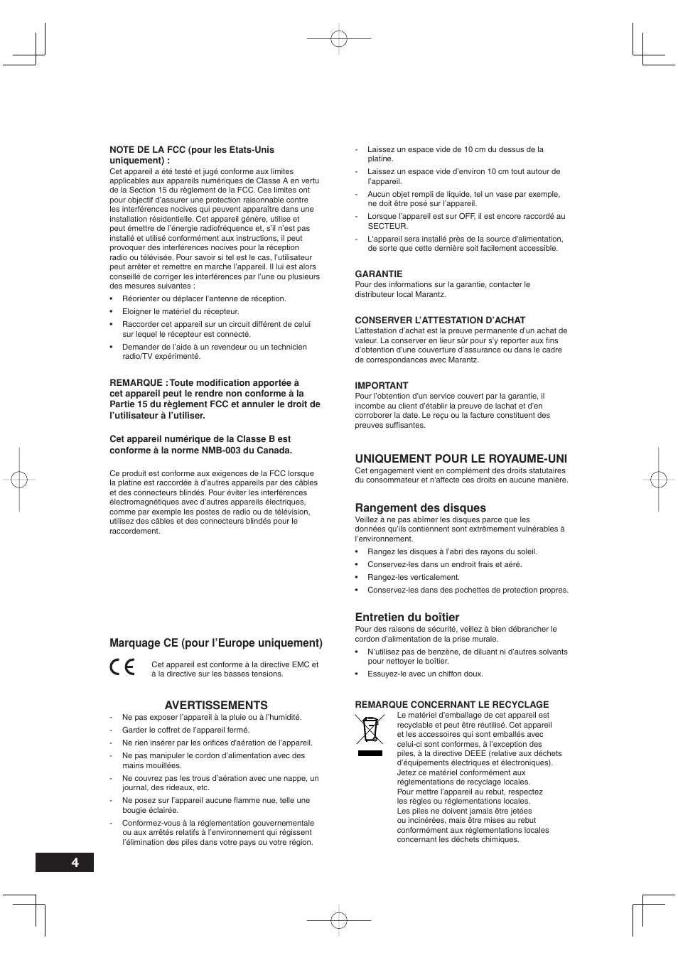 Uniquement pour le royaume-uni, Rangement des disques, Entretien du boîtier | Avertissements, Marquage ce (pour l’europe uniquement) | Marantz DV4001N User Manual | Page 56 / 358
