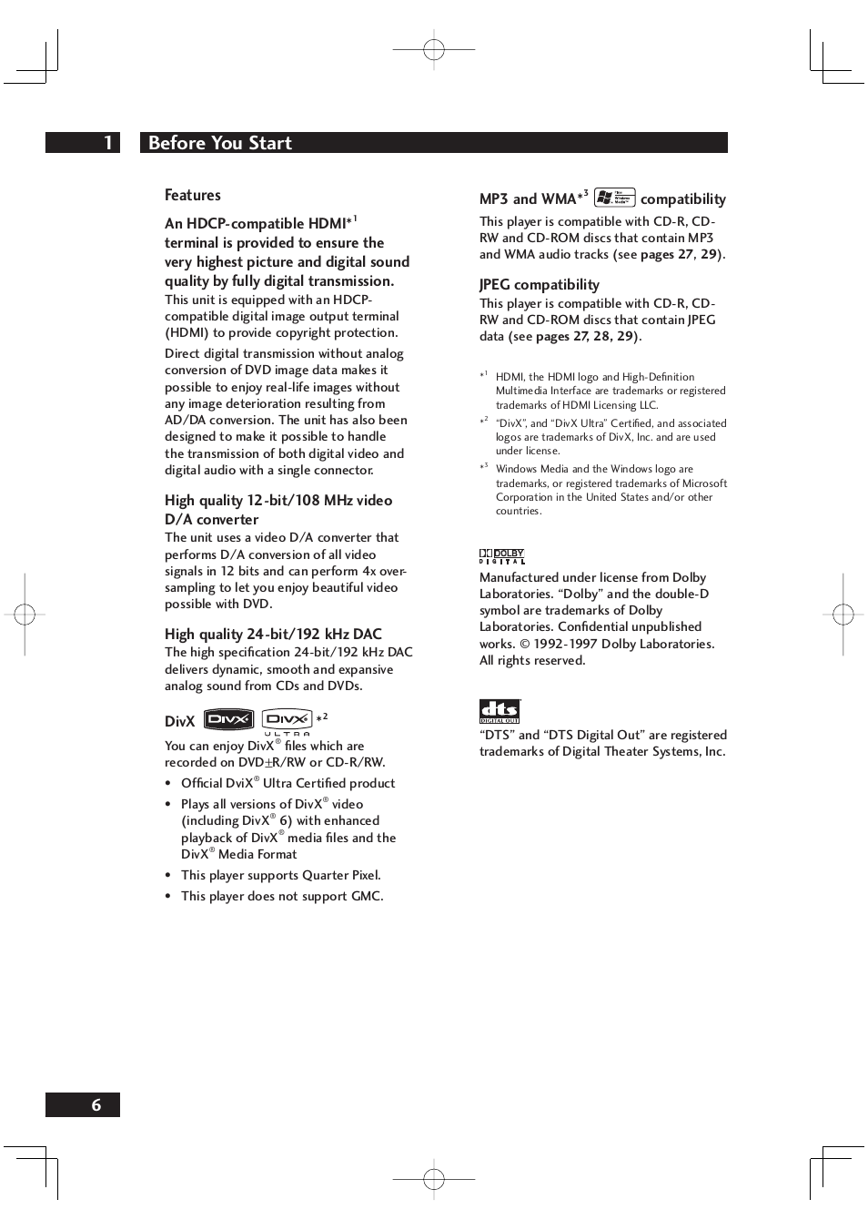 Before you start 1, 6features | Marantz DV4001N User Manual | Page 6 / 358