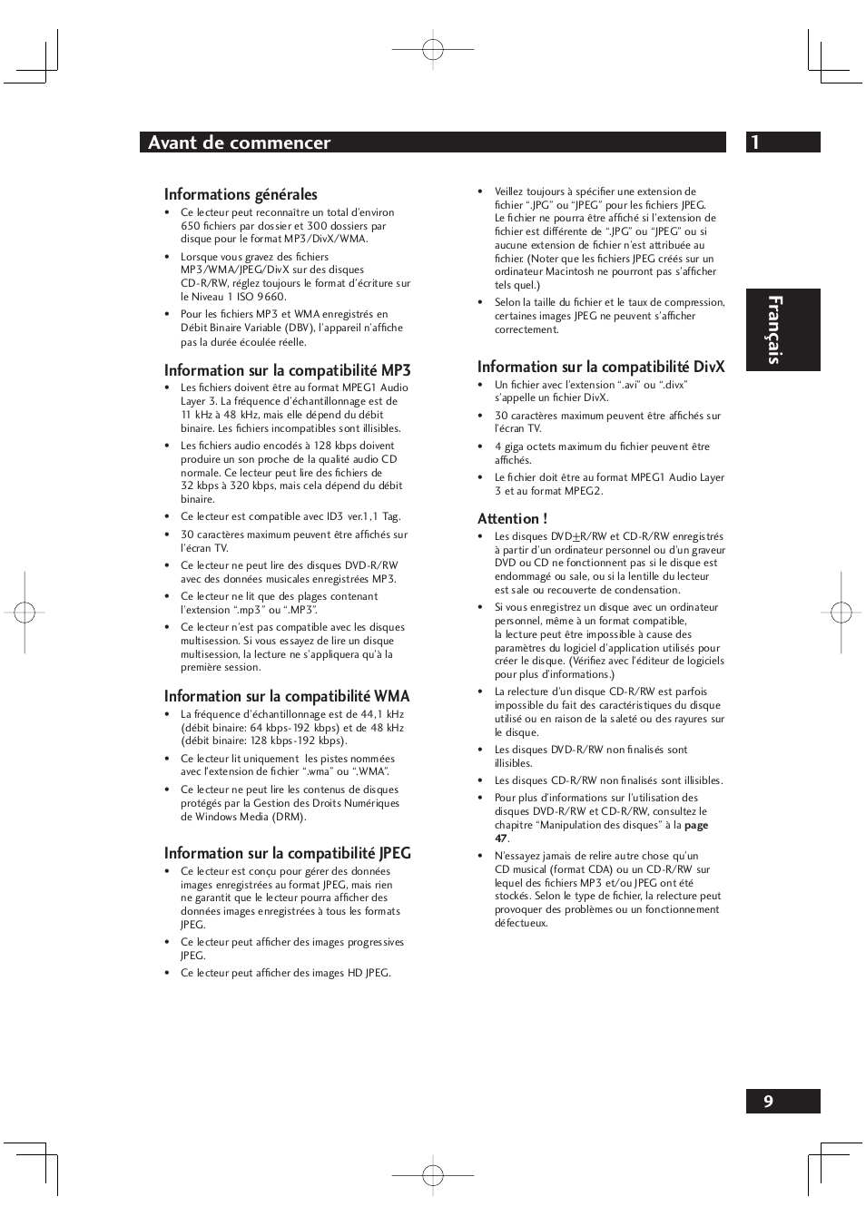 1avant de commencer, Fr ançais, Informations générales | Information sur la compatibilité mp3, Information sur la compatibilité wma, Information sur la compatibilité jpeg, Information sur la compatibilité divx, Attention | Marantz DV4001N User Manual | Page 61 / 358