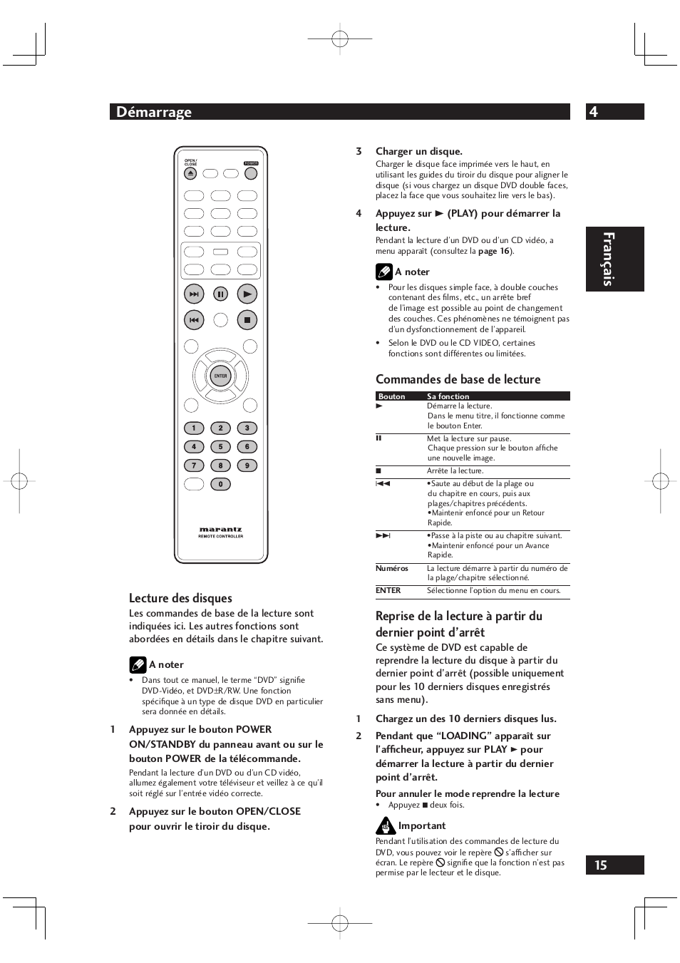 4démarrage, Fr ançais, Lecture des disques | Commandes de base de lecture | Marantz DV4001N User Manual | Page 67 / 358