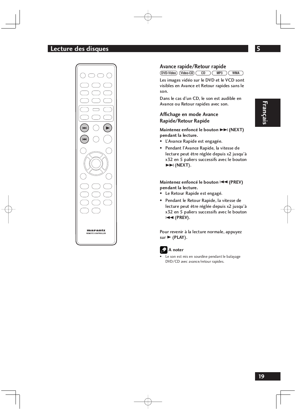 5lecture des disques, Fr ançais, Avance rapide/retour rapide | Marantz DV4001N User Manual | Page 71 / 358
