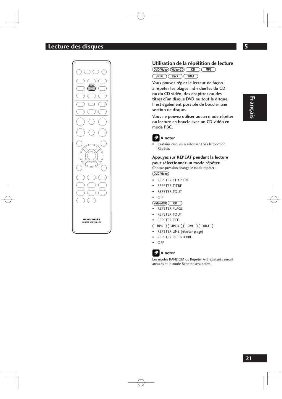 5lecture des disques, Fr ançais, Utilisation de la répétition de lecture | Marantz DV4001N User Manual | Page 73 / 358