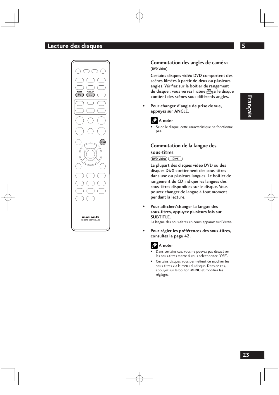 5lecture des disques, Fr ançais, Commutation des angles de caméra | Commutation de la langue des sous-titres | Marantz DV4001N User Manual | Page 75 / 358