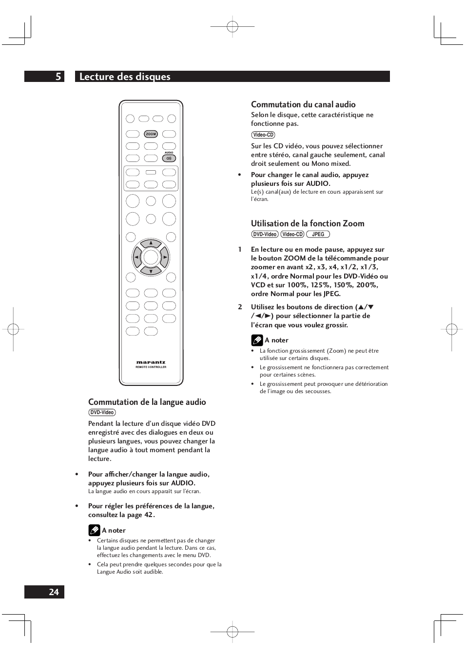 Lecture des disques 5, 24 commutation du canal audio, Utilisation de la fonction zoom | Commutation de la langue audio | Marantz DV4001N User Manual | Page 76 / 358