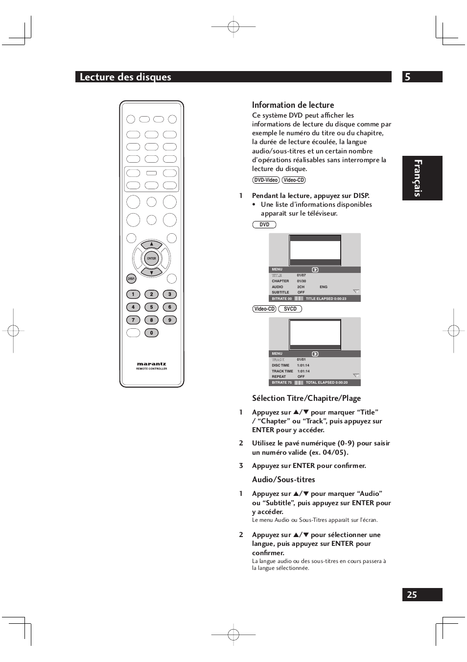 5lecture des disques, Fr ançais, Information de lecture | Sélection titre/chapitre/plage, Audio/sous-titres | Marantz DV4001N User Manual | Page 77 / 358