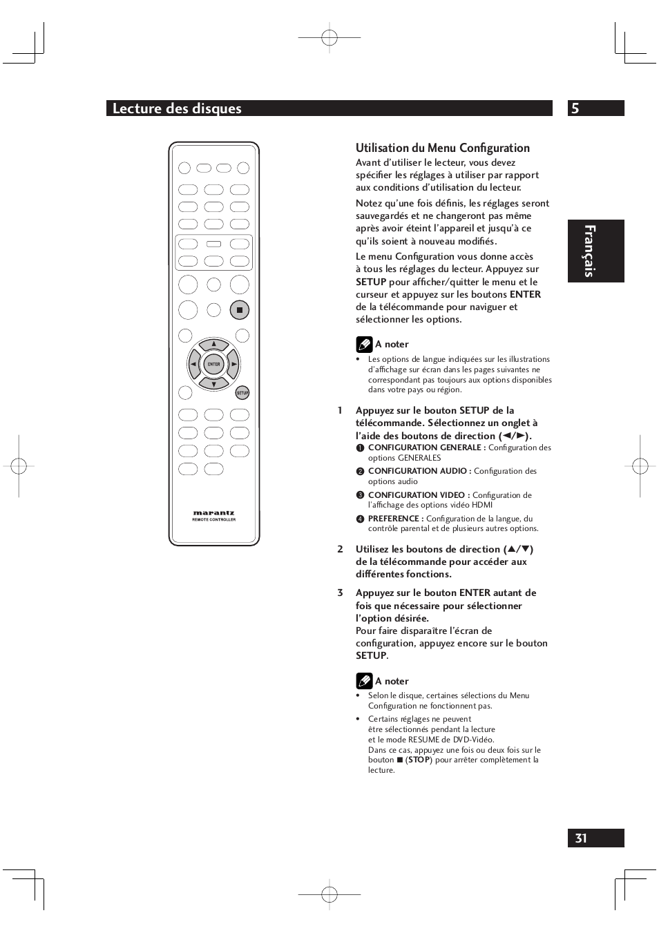 5lecture des disques, Fr ançais, Utilisation du menu confi guration | Marantz DV4001N User Manual | Page 83 / 358