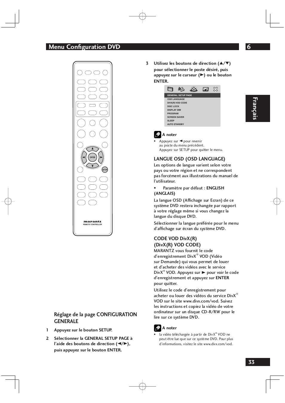 6menu confi guration dvd, Fr ançais, Réglage de la page configuration generale | Marantz DV4001N User Manual | Page 85 / 358