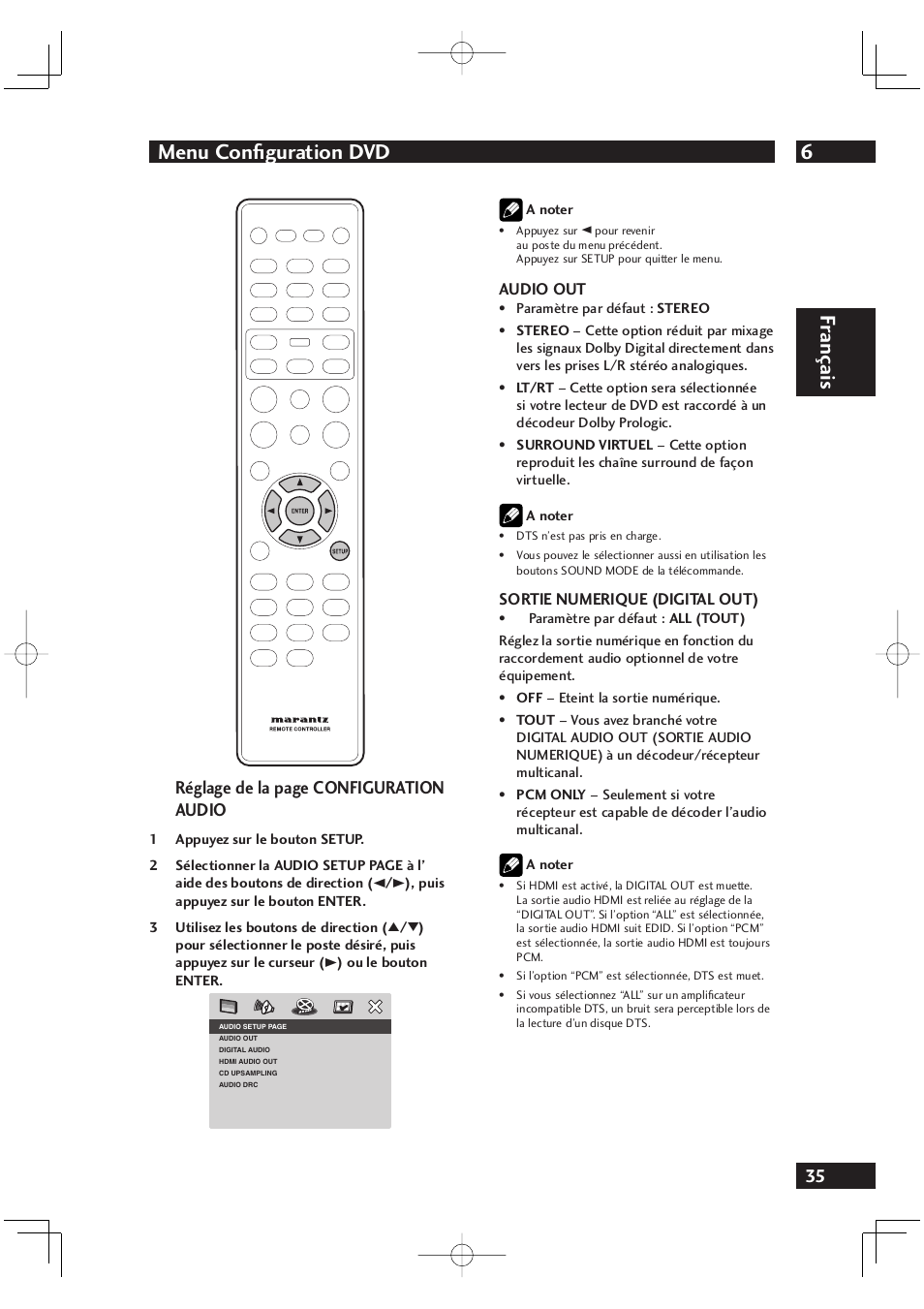 6menu confi guration dvd, Fr ançais, Réglage de la page configuration audio | Marantz DV4001N User Manual | Page 87 / 358