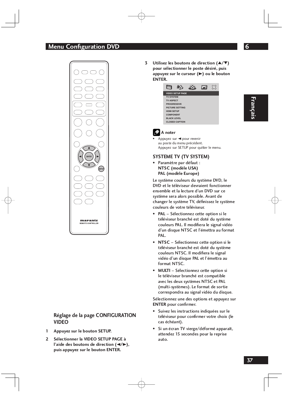 6menu confi guration dvd, Fr ançais, Réglage de la page configuration video | Marantz DV4001N User Manual | Page 89 / 358