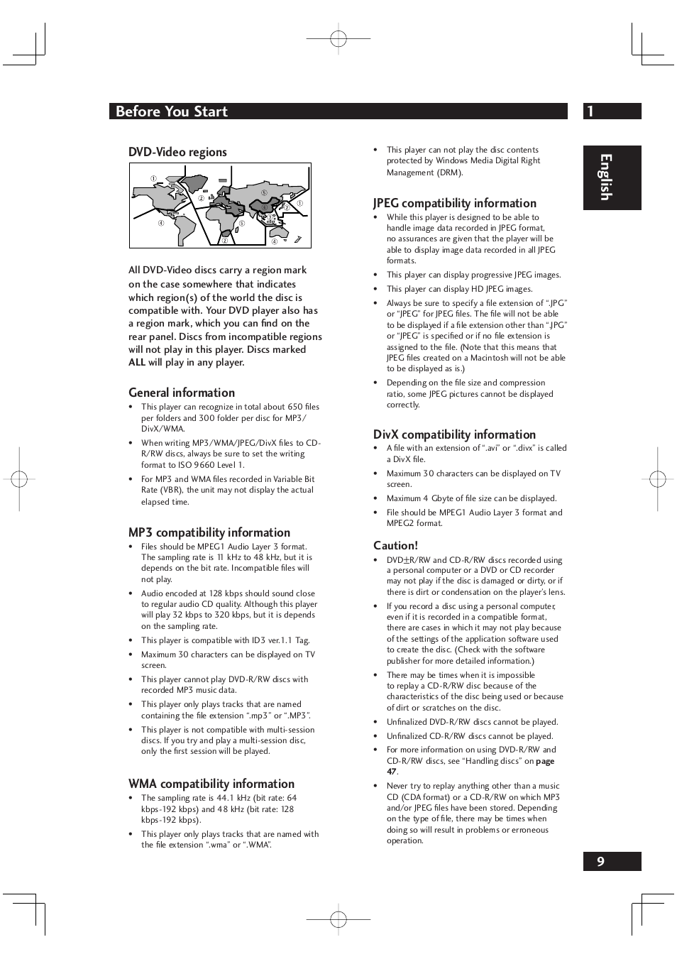 1before you start, English, Dvd-video regions | General information, Mp3 compatibility information, Wma compatibility information, Jpeg compatibility information, Divx compatibility information, Caution | Marantz DV4001N User Manual | Page 9 / 358