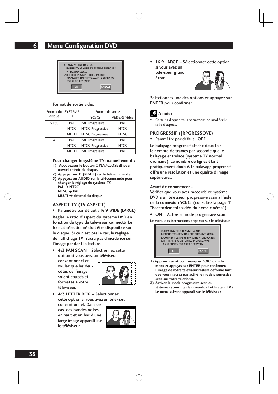 Menu confi guration dvd 6, Aspect tv (tv aspect), Progressif ([rpgressove) | Marantz DV4001N User Manual | Page 90 / 358